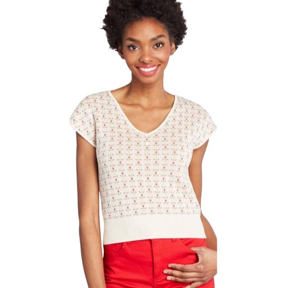 ModCloth In the Details Cream Short Sleeve Floral Sweater Top Women’s Large - Picture 1 of 8